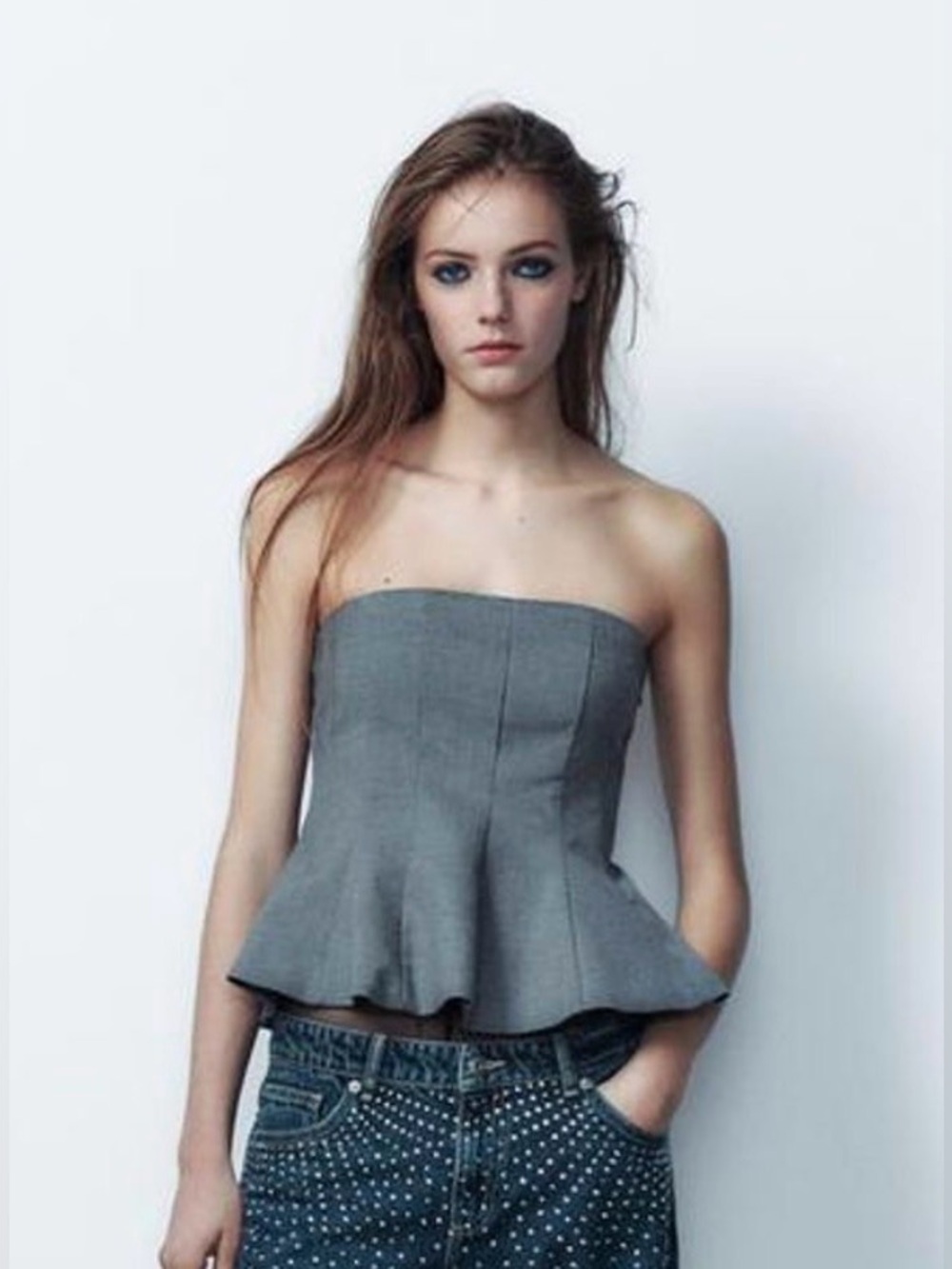 Zara Gray Strapless Peplum Top